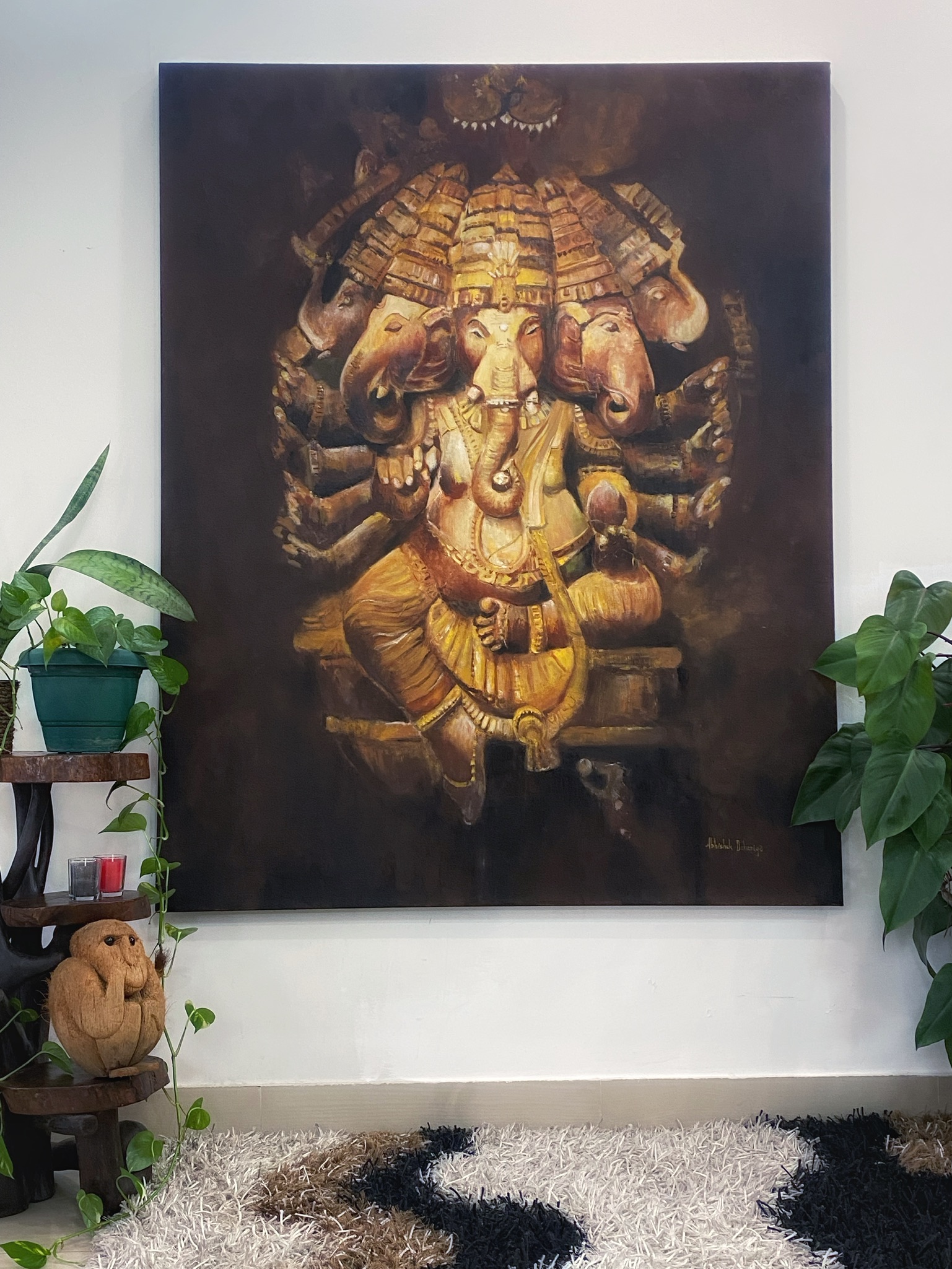A captivating painting featuring Ganesha, the beloved Hindu deity of wisdom, intellect, and remover of obstacles