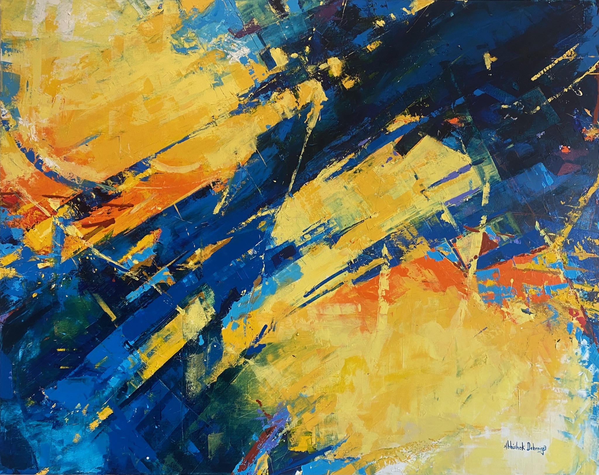 Harmony in Contrast: Textured Abstract Painting in Yellow and Blue