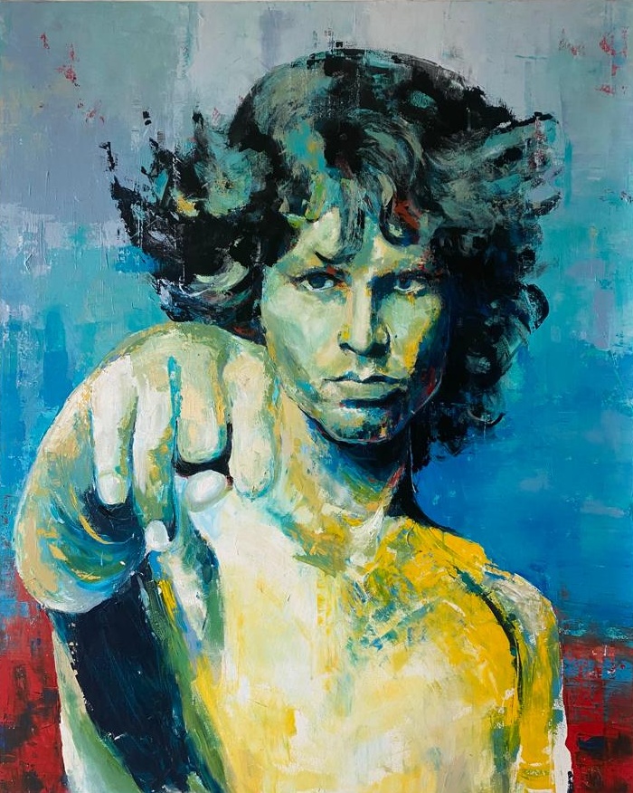 Jim morrison by artist abhishek deheriya the painting is yellow, blue and black and is 4 by 5 feet large