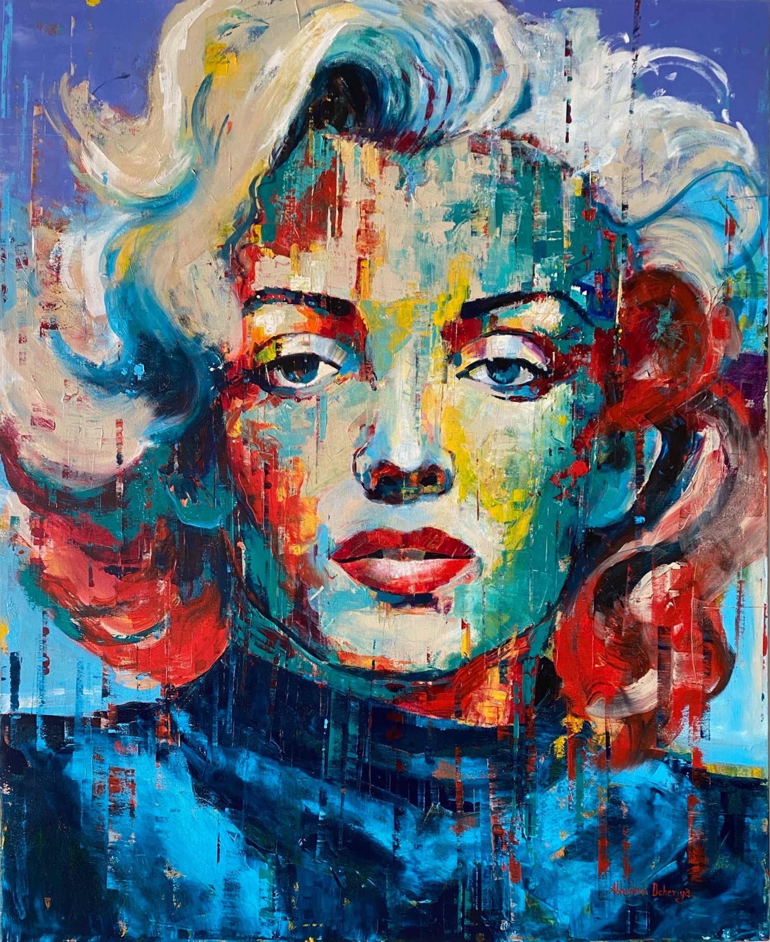 Large Marilyn painting in Blue by Abhishek Deheriya: A vibrant and captivating artwork depicting Marilyn Monroe in shades of blue. The painting showcases bold brushstrokes and intricate textures, capturing the essence of Marilyn's iconic image in a contemporary and expressive style