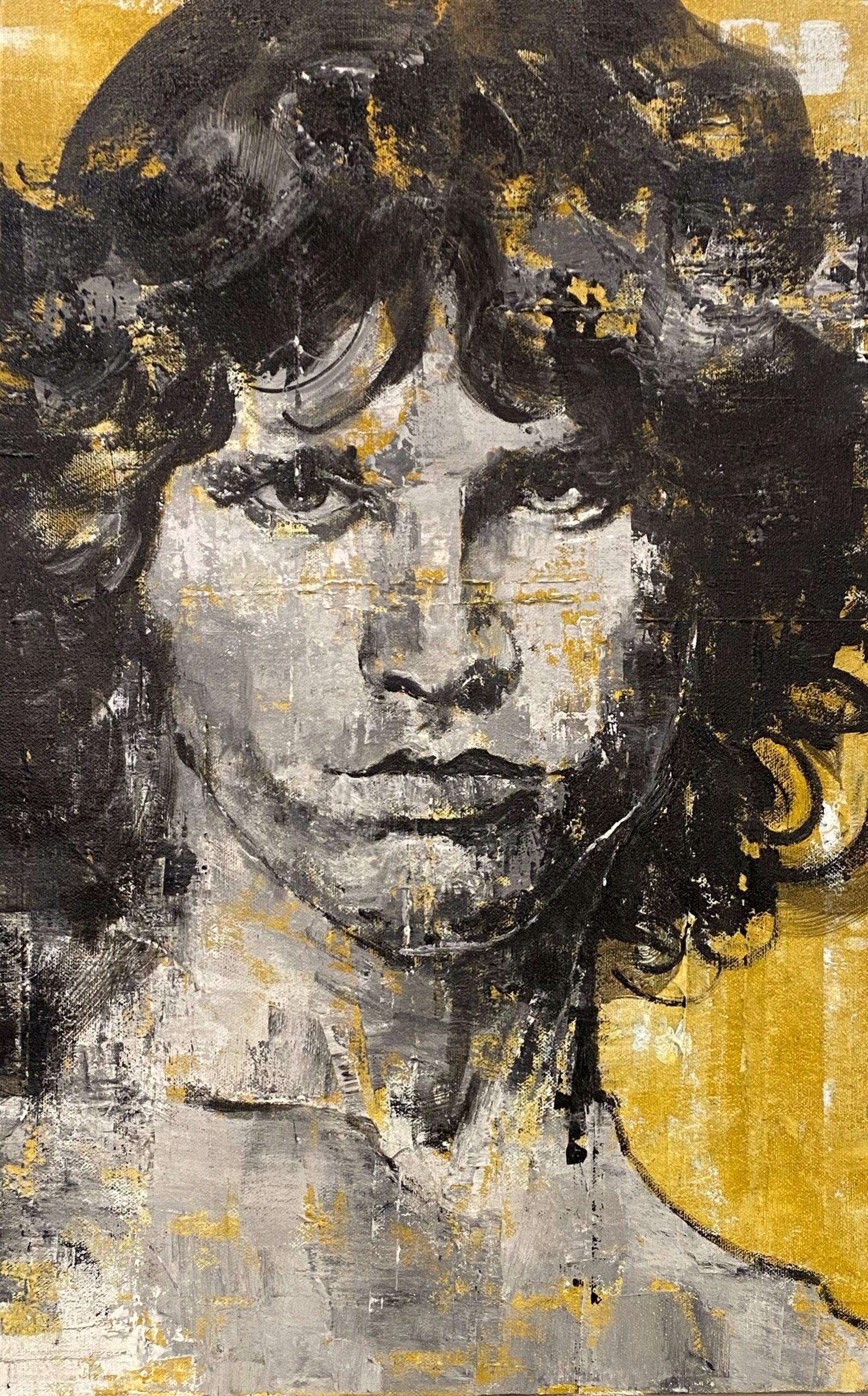 Acrylic painting of Jim Morrison by Abhishek Deheriya. The painting portrays a captivating and enigmatic portrait of the iconic rock musician, Jim Morrison. The artist has captured his likeness with meticulous brushwork and a dynamic color scheme, evoking the charisma and intensity of Jim Morrison's stage presence