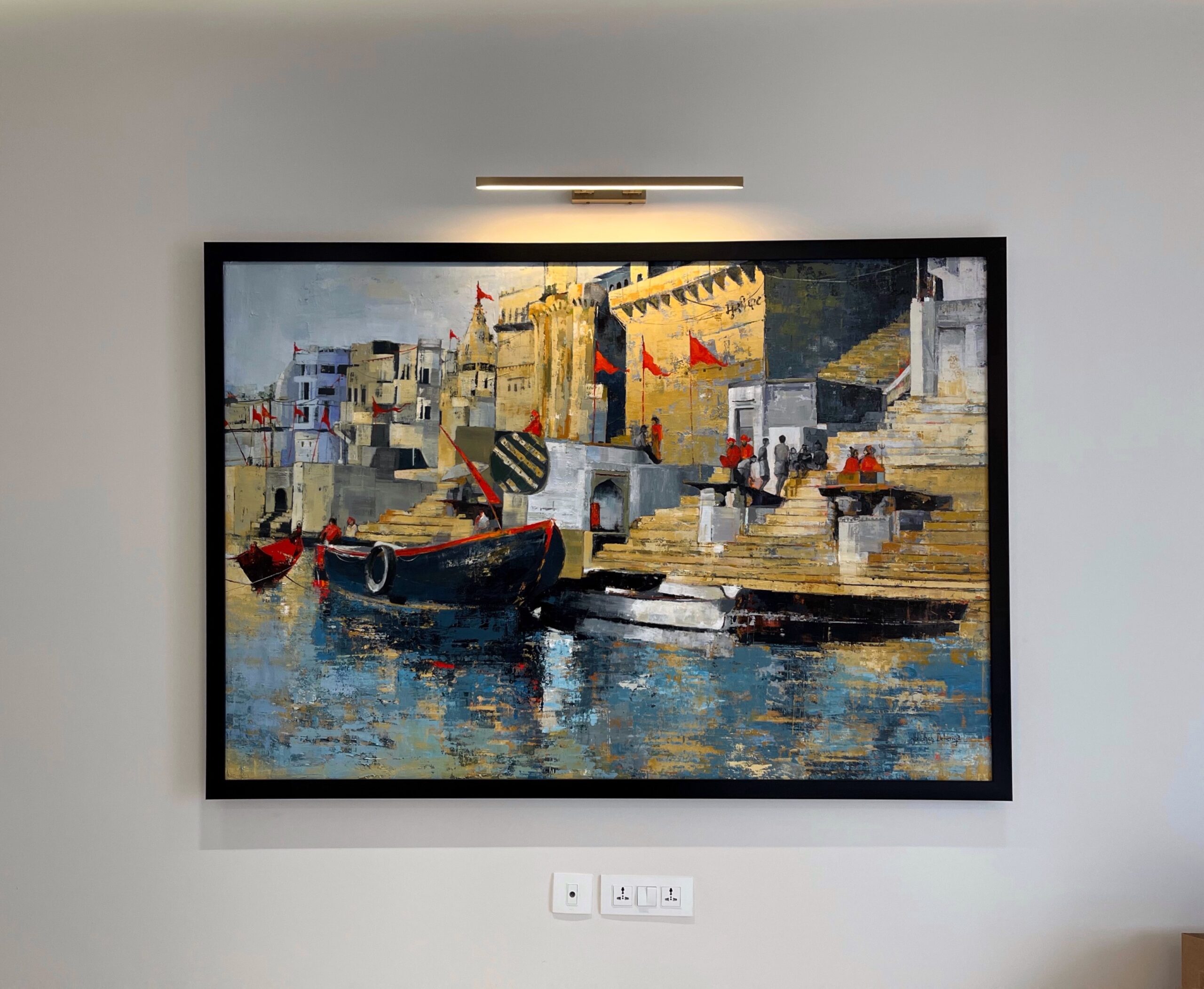 An exquisite painting depicting the Banaras Ghat, showcasing a vibrant and bustling riverside scene.