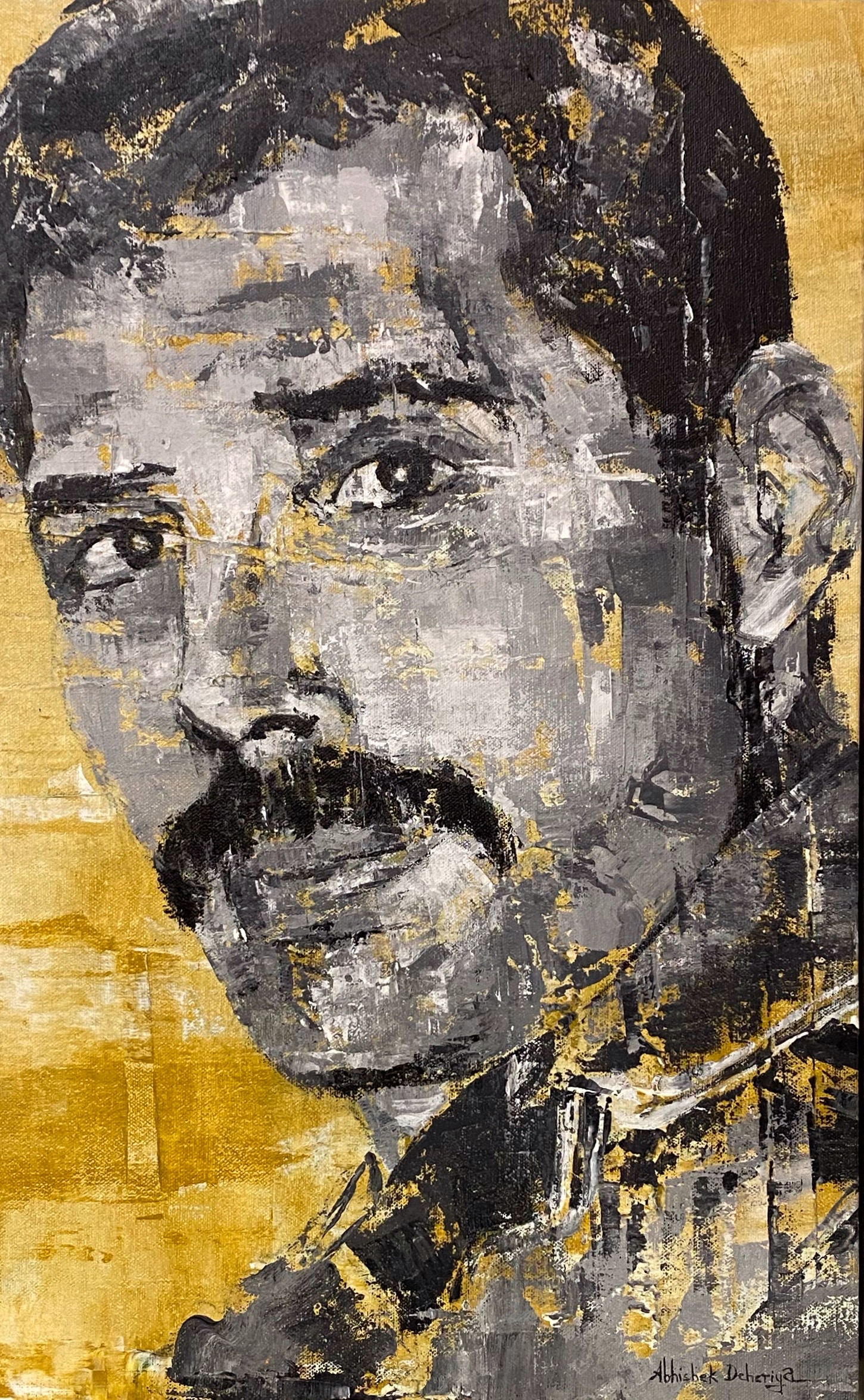Acrylic painting of Freddie Mercury by Abhishek Deheriya. The painting showcases a striking and energetic portrait of the legendary singer, Freddie Mercury. With skillful brushwork and a vibrant color palette, the artist has captured Freddie Mercury's charismatic stage presence and his iconic mustache, paying homage to his legendary contributions to music and performance