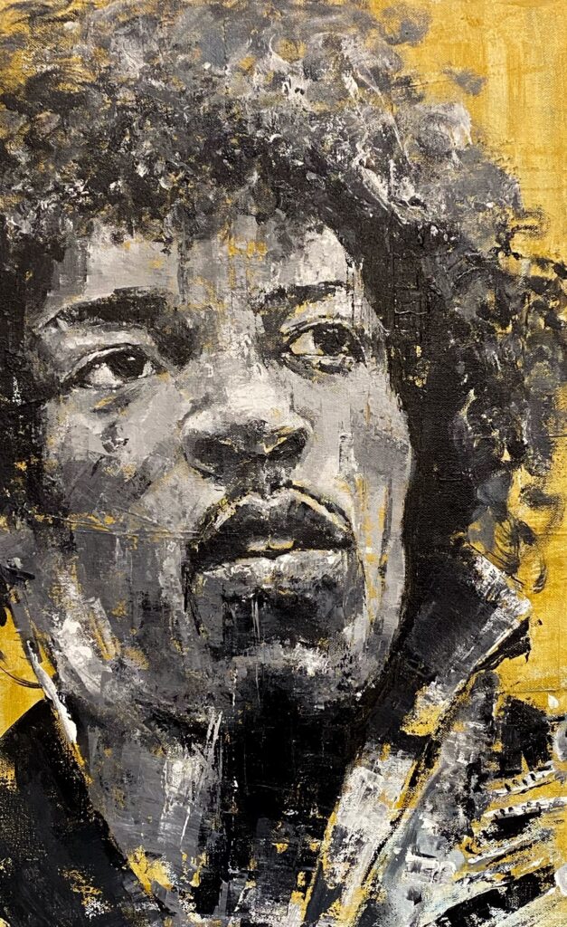 Acrylic painting of Jimi Hendrix by Abhishek Deheriya. The painting depicts a vibrant and expressive portrait of the legendary guitarist, Jimi Hendrix. His face is captured in intricate details, with bold brushstrokes and a vibrant color palette, showcasing the artist's skill and the iconic presence of Jimi Hendrix