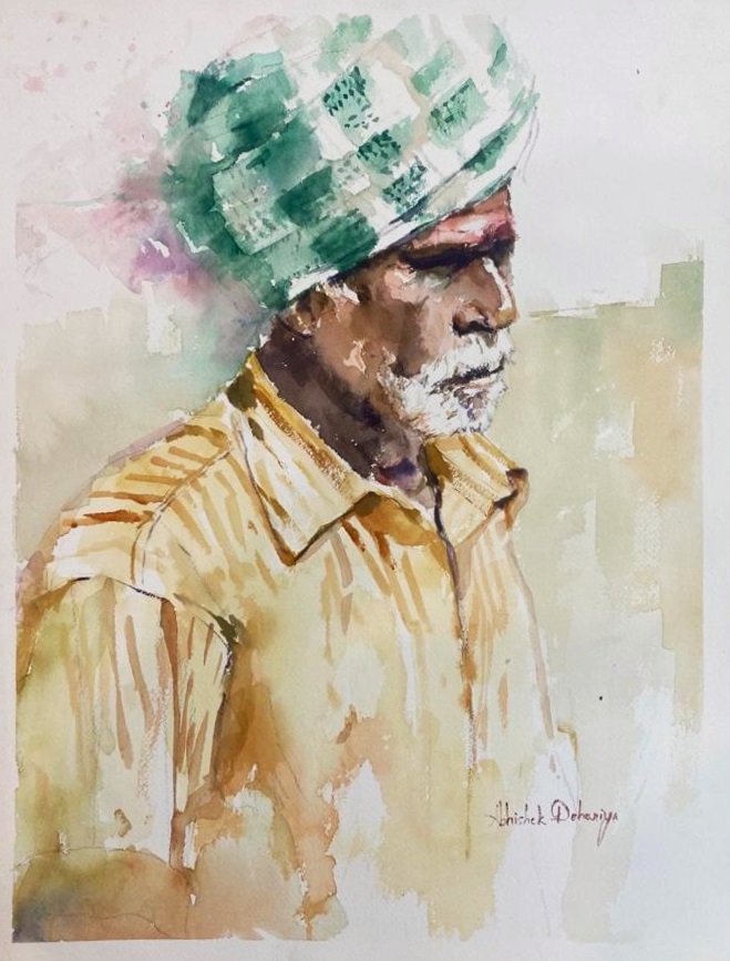 A watercolor artwork depicting a turbaned farmer standing on dry farmland, facing a challenging drought season. The farmer's determined yet weary expression reflects his resilience. The cracked soil and withered crops illustrate the harsh effects of the arid climate. In the distance, a mirage of hills symbolizes the farmer's longing for relief and prosperity. The painting is illuminated by bright sunlight, casting long shadows that enhance the atmosphere. Created by artist Abhishek Deheriya.