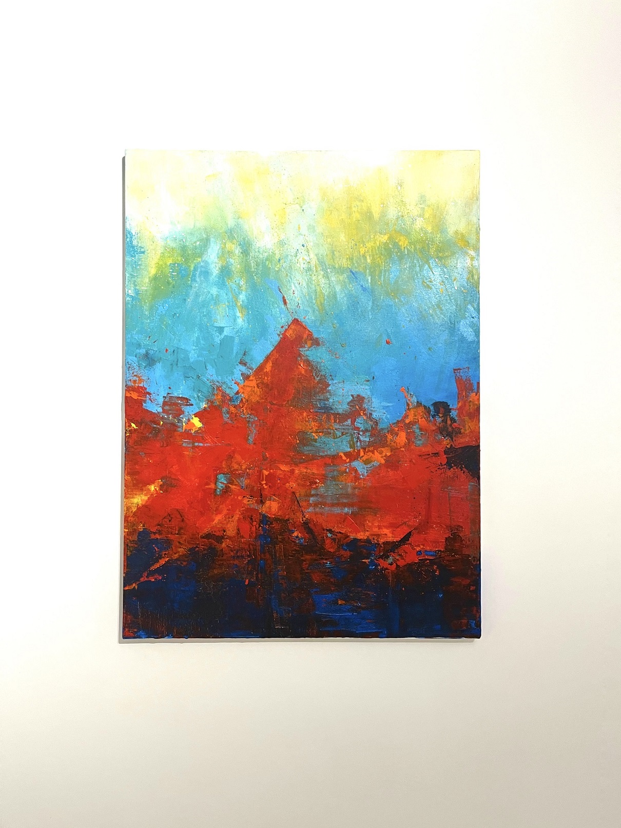 A captivating abstract artwork in vibrant hues of blue and red, with a rising composition that symbolizes growth, passion, and transformation