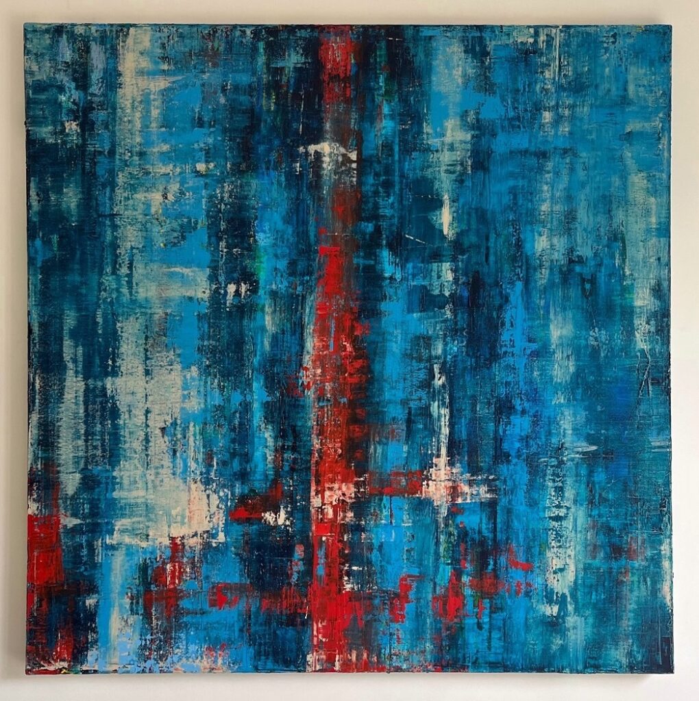 A captivating large-scale abstract artwork in shades of blue, exhibiting a dynamic composition of fluid shapes, bold brushstrokes, and intricate textures, evoking a sense of depth, introspection, and boundless imagination